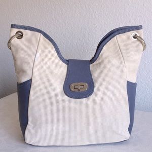 Vin baker blue white navy textured leather hobo bag